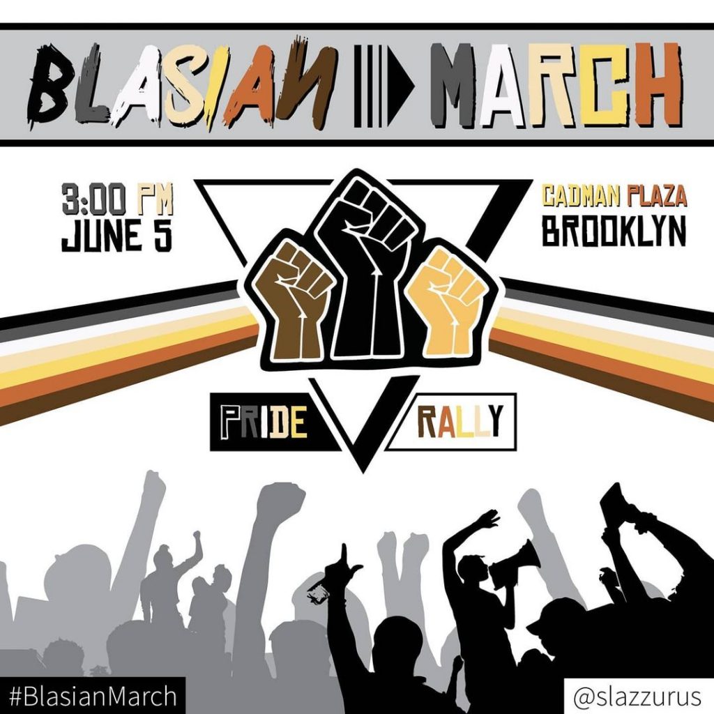 A series of flyers with pride, trans, non-binary, genderfluid and bear flag colors around yellow, brown and black fists. Text reads Blasian March 3 PM Cadman Plaza June 5th Brooklyn Pride Rally.